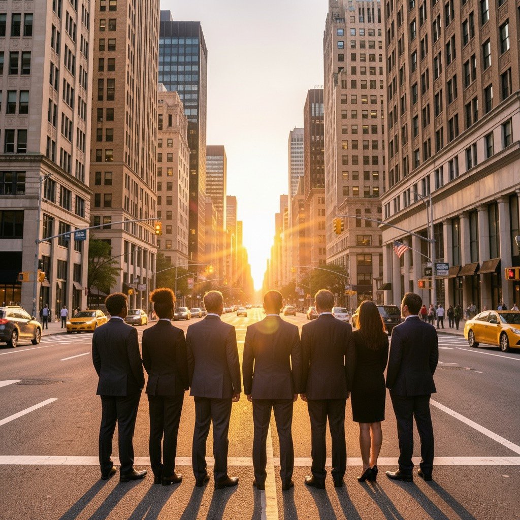 Seven business professionals looking toward the sunrise along a city street.